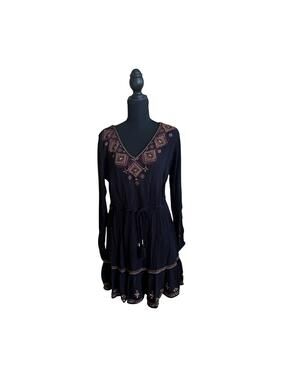 Idyllwind Embroidered Boho Dress Western Long Sleeve Black XL Mini Knee Length